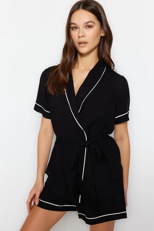 Trendyol Black Tie and Piping Detailed Shirt-Shorts Woven Pajamas Set