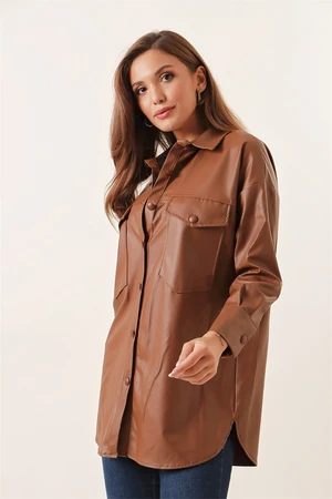 By Saygı Leather Shirt with Double Pockets Tan