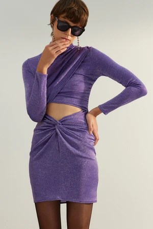 Trendyol Purple Fitted Evening Dress with Shimmering Cut Out/Window Detail