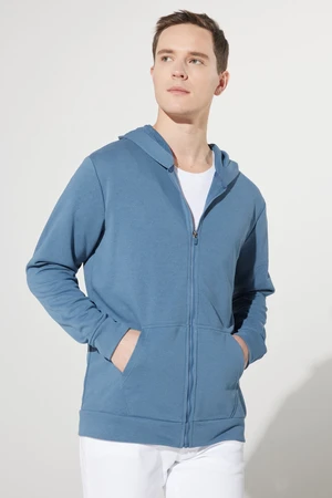 AC&Co / Altınyıldız Classics Men's Blue Standard Fit Normal Cut Hooded Zipper Sweatshirt Jacket.