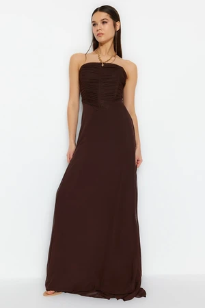 Trendyol Dark Brown Tulle Long Evening Evening Dress that Opens at the Waist/Skater Lined