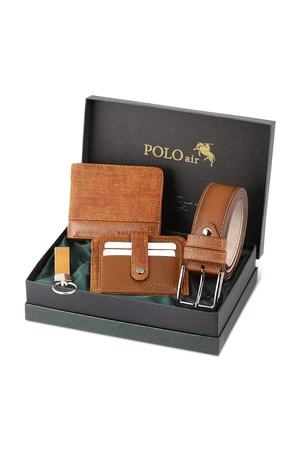 Polo Air Belt, Wallet, Card Holder, Keychain, Tan Tan Set in a Gift Box