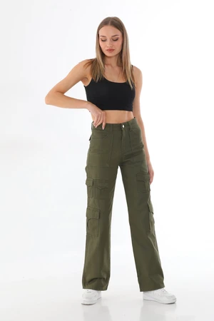 BİKELİFE Women's Khaki High Waist Multi Pocket Straight Fit Cargo Pants