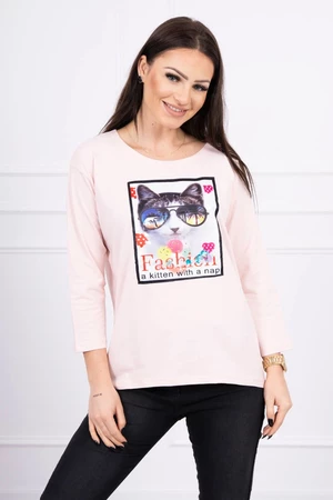 Blouse with cat graphics 3D powdered pinjk