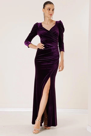 By Saygı Pleated Slit Long Velvet Dress