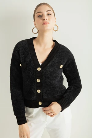 Lafaba Women's Black Beard Gold Buttoned Knitwear Cardigan