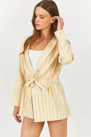 armonika Women's Mustard Striped Oversized Jacket with Pleats at the Waist