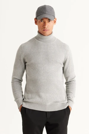 AC&Co / Altınyıldız Classics Men's Gray Melange Recycle Standard Fit Regular Cut Full Turtleneck Cotton Jacquard Knitwear Sweater.