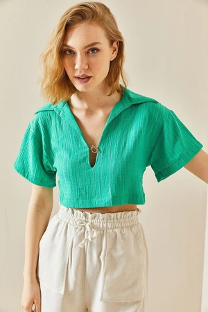 XHAN Green Textured Crop Top With Accessory Detail