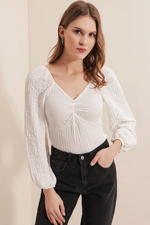 Bigdart 0443 Pleated Front, Textured Blouse - White