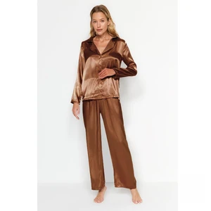 Trendyol Brown Satin Shirt-Pants Woven Pajamas Set