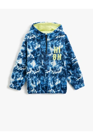 Koton Fleece Hooded Sweatshirt With Half-Zip, Tie-Dye Patterned Elasticated Cuffs And Waist.