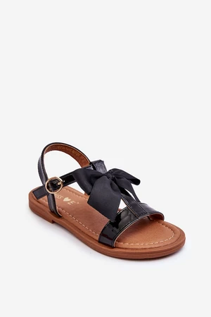 Children's lacquered sandals with bow black netina