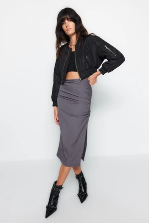 Trendyol Anthracite Gathered Slit Detailed Parachute Fabric Midi Woven Skirt