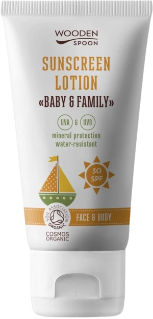 WOODENSPOON Opalovací tělové mléko v tubě Baby & Family SPF 30, 150 ml