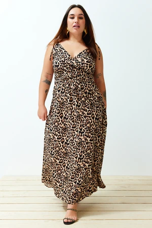 Trendyol Curve Camel Maxi/Long Slit Summer Leopard Patterned Woven Dress