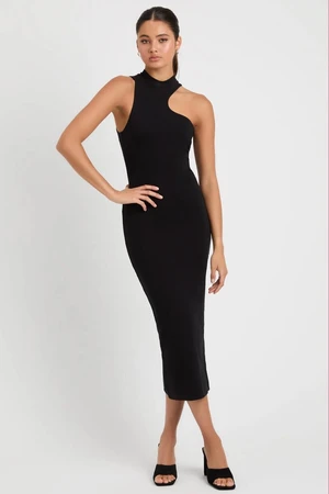 Madmext Black Halter Neck Long Basic Dress with Low-cut Shoulders