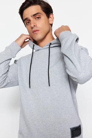 Trendyol Gray Regular/Normal Cut Contrast Label Thick Sweatshirt with Fleece Inside