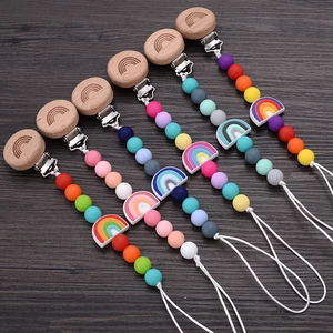 Beech Wooden Baby Pacifier Clip Handmade Cartoon Rainbow Silicone Teething Beads Infant Nipple Chain Nursing Toy Chew Gift