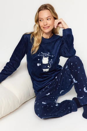 Trendyol Navy Blue Cat Printed Velvet Tshirt-Pants and Knitted Pajamas Set