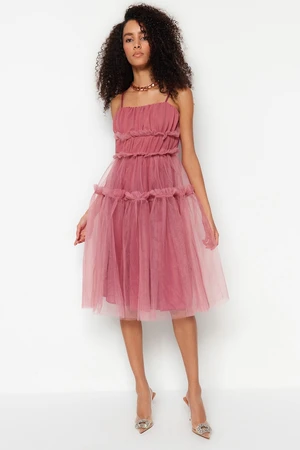 Trendyol Dried Rose Tulle Elegant Evening Dress that Opens at the Waist/Skater Lined