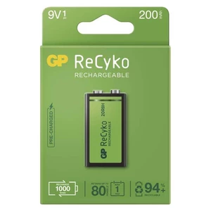 Batéria nabíjacie GP ReCyko, 9V, 200mAh, NiMH, krabička 1ks (B2152) nabíjacia batéria • 6F22 9 V (1604) • minimálna kapacita 200 mAh • napätie 8,4 V •