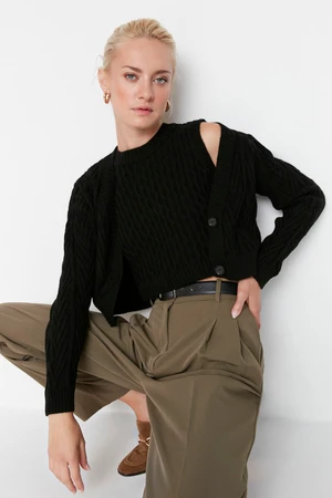 Trendyol Black Crop-Knitted Blouse-Cover Cardigan Sweater Suit