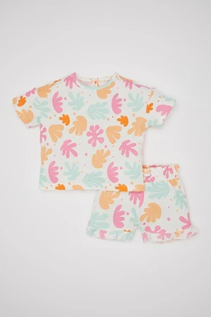 DEFACTO Baby Girl Patterned Waffle Short Sleeve T-Shirt Shorts 2-Piece Set