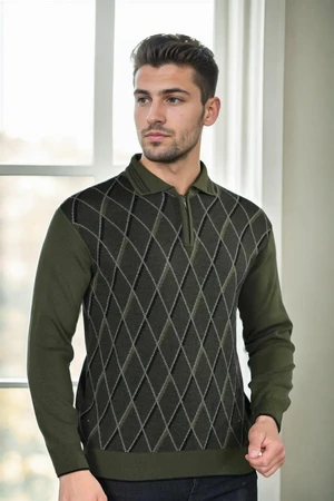 29477 Dewberry Zippered Polo Collar Mens Sweater-Khaki