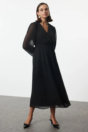 Trendyol Black Belted A-Line Double Breasted Collar Lined Chiffon Maxi Woven Dress