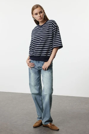 Trendyol Navy Blue Striped Oversize/Wide Fit Thin Knitted Sweatshirt