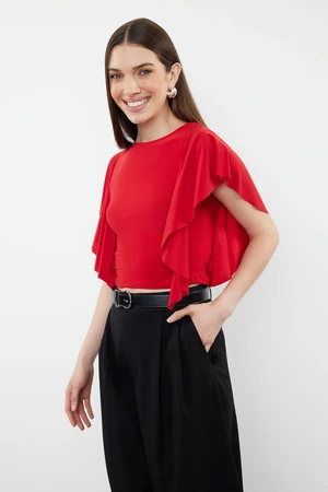 Trendyol Red Sleeves Ruffle Detailed Crew Neck Stretchy Knitted Blouse