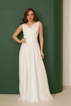 Carmen Ecru Chiffon Plunging Neck Long Wedding Dress