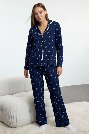 Trendyol Navy Blue 100% Cotton Winter Themed Piping Knitted Pajamas Set