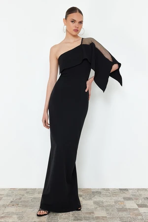 Trendyol Black Body-Fitting Stone Accessory Single Sleeve Woven Long Evening Dress