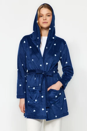 Trendyol Navy Blue Belted Heart Pattern Pocket and Hood Detail Fleece Knitted Dressing Gown