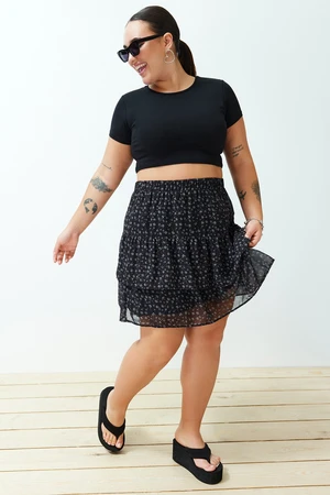 Trendyol Curve Black Floral Skirt Frilly Mini Woven Skirt