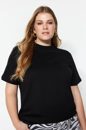 Trendyol Curve Black Boyfriend Ribbed Collar 100% Cotton Knitted T-shirt