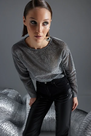 Trendyol Black Lurex Crew Neck Regular/Normal Fit Transparent Tulle Knitted Blouse