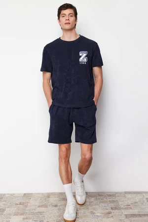 Trendyol Navy Blue Regular Fit Embroidered Terry Fabric Shorts Pajamas Set