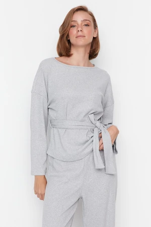 Trendyol Gray Sash Detail Ribbed Wide Fit Knitted Pajamas Set