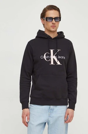 Bavlněná mikina Calvin Klein Jeans pánská, černá barva, s kapucí, s potiskem, J30J320805