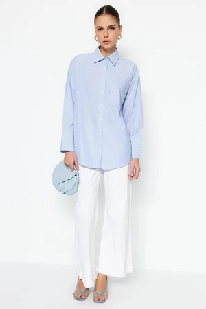 Trendyol Light Blue Wide Cuff Woven Cotton Striped Shirt