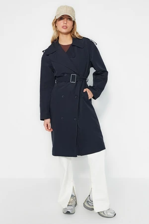 Trendyol Navy Blue Oversized Belted Epaulette Detailed Trench Coat