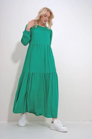 Trend Alaçatı Stili Women's Green Boat Neck Balloon Sleeve Layered Flounced Waist Belted Woven Viscose Dress