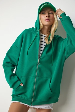 Happiness İstanbul Women's Green Hooded Zipper Oversize Sweatshirt