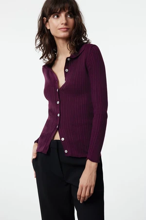 Trendyol Plum Ribbed Polo Neck Knitted Cardigan