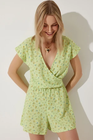 Happiness İstanbul Women's Light Green Floral Mini Knitted Jumpsuit