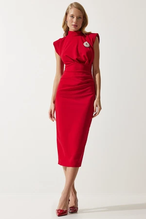 Happiness İstanbul Women's Red Elegant Brooch Gathered Wrap Knitted Dress