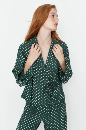 Trendyol Green Heart Pattern Viscose Woven Pajamas Set with Lace-Up Detail